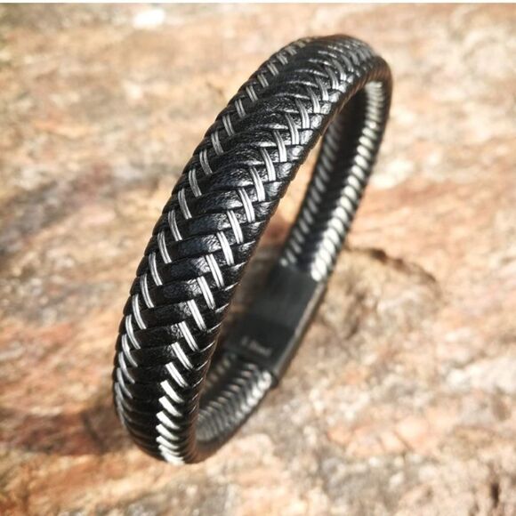 Men’s Braided Leather & Steel Adjustable Bracelet - Picture 1 of 9